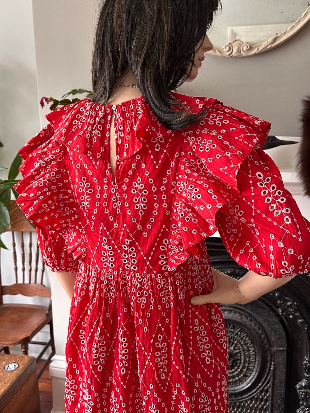 Zara Red Patterned Ruffled Midi Dress - Picture 6 of 7